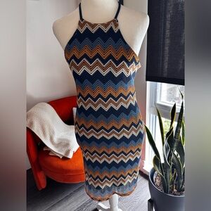 Almost Famous Halter Chevron Dress - Blue, Brown, Cream